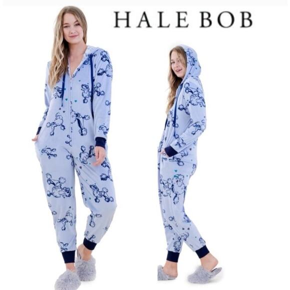 NWT Hale Bob Pajama Jumpsuit XL Soft Velour Hoodie One Piece PJs All-over Poodle - Picture 1 of 5